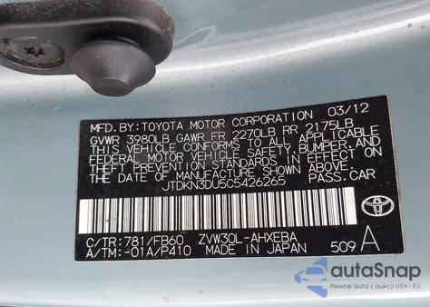 2012 Toyota Prius Three from USA, damaged, VIN JTDKN3DU5C5426265
